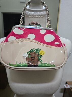 Betsey Johnson Red Polka Dot Mushroom Garden Clutch | Novelty Barrel Bag Chain